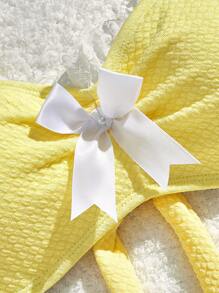 SHEIN MOD 2pcs/Set Women's Lace Trim Spaghetti Strap Yellow Bikini Top And Bowknot-Front Bottom Swimsuit Set - Yellow - View 4