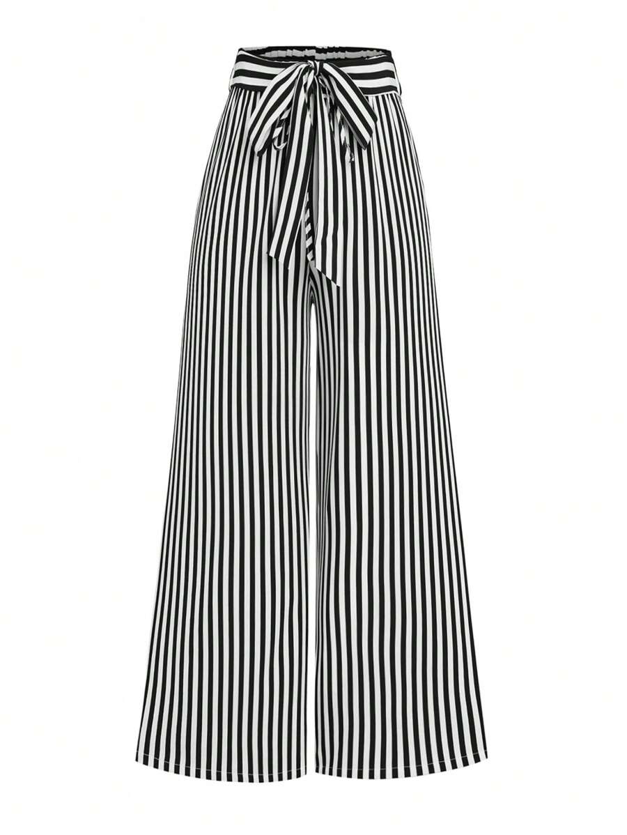 SHEIN LUNE Plus Size Casual Striped Wide Leg Pants - Black and White - View 1