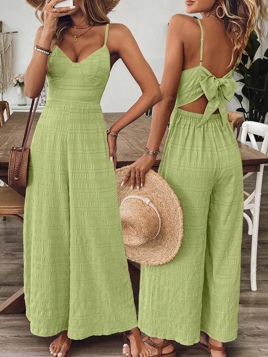 Breezaya 女士 V 领紫红色连体裤、度假和夏装 - 綠色 - 查看 1