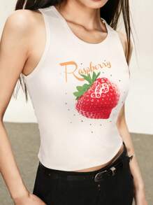 Rina Fox 女士草莓印花水钻装饰圆领修身吊带背心 - 白色 - 查看 2