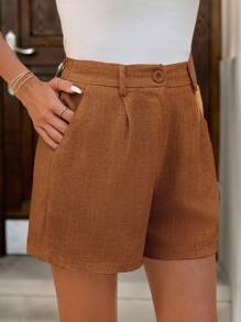 Solivie Women's Plain Pleated Bamboo Joint Elegant Linen Shorts - Coffee Brown - View 2