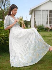 Modelyn Women's V-Neck Romantic Chiffon Placement Printed Dress, Spring/Summer