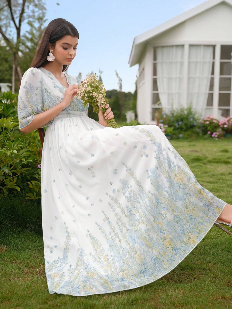 Modelyn Women's V-Neck Romantic Chiffon Placement Printed Dress, Spring/Summer