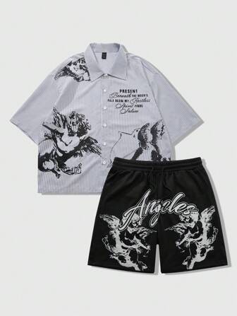 2pcs Men's Street Life Retro Renaissance Style Cupid Angel Print Shirt With Matching Sports Shorts
