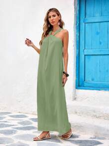 Vivid Eden Solid Color Woven Halter Dress For Women,S,For Summer Beach Vacation,Casual Style,Festival,Vacation Dress,Summer Outfits For Women,Beach Outfits For Women