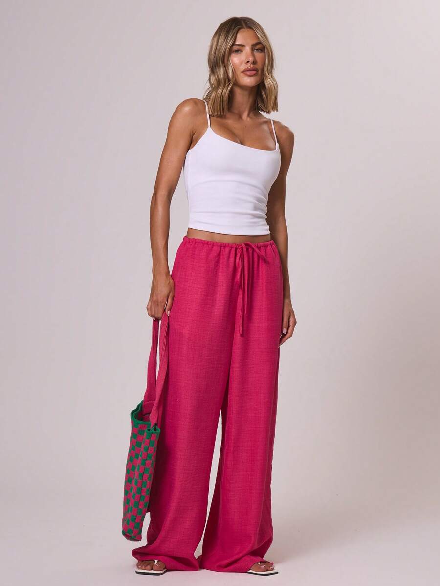 MUSERA Tie Front Linen Feel Beach Trousers Summer, Holiday, Beachwear Fall, Autumn, Winter, Back To School - Hot Pink - View 1