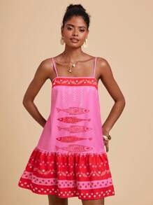 Travachic 女士细肩带鱼形印花拼色度假风格短款连体裤 - 彩色 - 查看 3