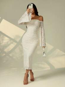 SHEIN PETITE 女士纯色优雅时尚生日服装露肩连衣裙生日礼服适合度假服装女士白色毕业礼服适合日常穿着 - 米色 - 查看 7