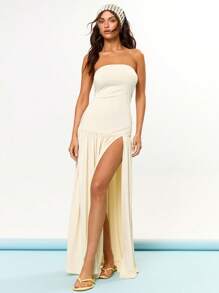 MUSERA 无肩带低腰宽松褶皱长裙，适合毕业舞会、生日、夏季假期、节日等场合，可爱休闲又不失优雅，适合托斯卡纳阳光、伊比沙岛、婚礼、海滩、新娘、单身派对、告别单身派对、婚礼等场合。 - 奶油色 - 查看 5