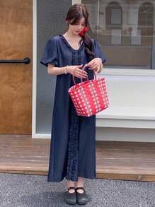 DAZY Damen Sommer Casual Elegant Koreanischer Stil Puffärmel Denim Mini Kleid - Blau - Übersicht 4