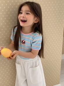 Hapijoa 女童圆领条纹卡通刺绣短袖T恤，夏季 - 藍色 - 查看 7