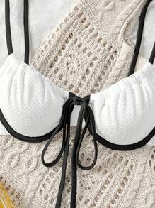 Sweetra Women's Contrast Color Bowknot Back Adjustable Spaghetti Strap Bikini Tops For Summer Beach Vacation - White - View 3