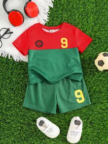 SHEIN Set de 2 piezas para bebé niño con jersey y pantalones cortos de fútbol/fútbol con bloqueo de color, de secado rápido y transpirable, adecuado para uso en interiores, exteriores, uso diario, deportes, juegos, fiestas, fotografía, vacaciones, festivales, equipo de Portugal, primavera/verano