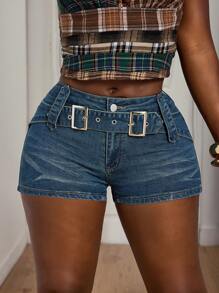 Slaydiva Short en jean casual à ajustement serré avec boucle réglable pour femmes - Jean bleu - Voir 6