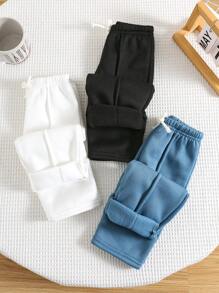 SHEIN 3件套男童/女童纯色针织柔软松紧腰喇叭裤 - 黑與白 - 查看 9