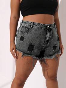 SHEIN CURVE+ Plus Size Casual Washed Distressed Denim Shorts - Black - View 4