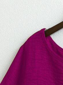 Linhara 大码女式圆领休闲/日常/外出/简约/度假图案绿色套头衫，春夏 - 玫紅色 - 查看 4