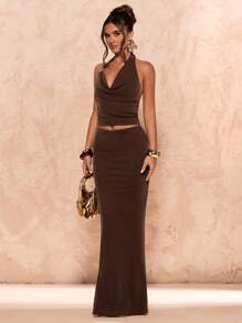 SHEIN BAE Summer Women's Clothing Halter Neck Metal Button Decoration Shiny Top & Hip Fishtail Women's Skirt/Two Pieces Set Women/Elegant Two Pieces Suit/Vacation Two-Piece Suits/Birthday Ladies Outfits/ Brown Two-Piece Set