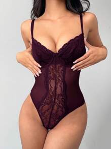 Aloruh Conjunto de body de mujer sexy y elegante con parches de encaje - Granate - Ver 4