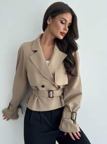 Firerie Casaco Trench Elegante Cáqui Feminino, Jaqueta Casual de Negócios para Escritório no Outono com Cinto, Estilo Old Money, Blazer Cropped de Manga Longa com Decote em V e Cintura, Mistura de Linho - Caqui - Visão 3