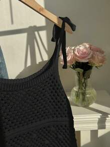 Comfortcana 大码女式大码网眼镂空系带针织背心 - 黑色 - 查看 3