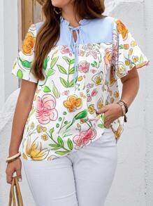 EMERY ROSE Blusa holgada con volantes y cuello con lazo, con estampado floral y de rayas, para talla grande, estilo de vacaciones de verano