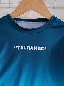 2pcs Young Girl Summer Casual Fashion Ombre Letter Print Round Neck Drop Shoulder Short Sleeve T-Shirt & Long Pants Set