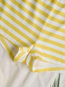 SHEIN Unity 黄白条纹低腰超短裤，超弹，柔软舒适，适合度假、沙滩、优雅可爱、休闲、居家、运动、日常出游、百搭，适合夏季女性 - 黃色 - 查看 6