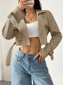 SHEIN EZwear 秋冬女士纯色短款长袖休闲卡其色风衣 - 卡其色 - 查看 4