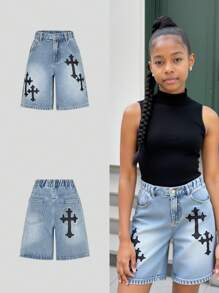 SHEIN Explorewe 青少年女孩 Y2K 牛仔短裤，休闲舒适水洗蓝色刺绣牛仔短裤，适合青少年女孩的百搭日常穿着，松紧腰带