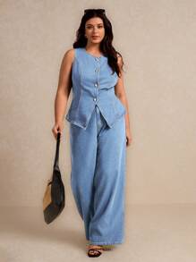 Elaquor 大码女式单排扣牛仔背心和休闲裤套装 - 淺色水洗藍 - 查看 6