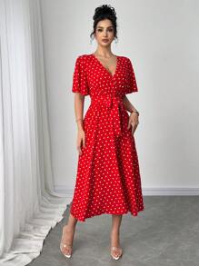 SHEIN LUNE Polka Dot Print V-Neck Tie Waist Elegant Short Sleeve Dress - Red - View 4