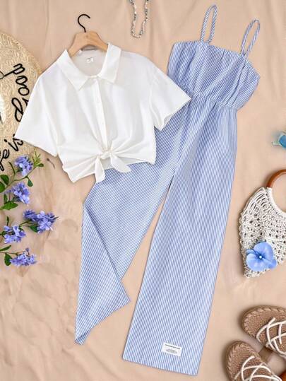 SHEIN 2pcs Teen Girls Casual Pure White Woven Short Shirt And Ruched Striped Wide Leg Jumpsuit Set,Summer Beach Holiday Outfits For Festivals,Kids