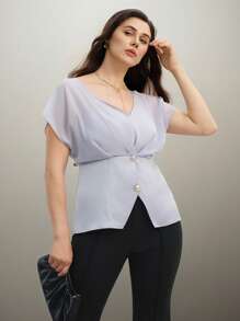 SHEIN Clasi Plus Size Women Satin & Satin Splicing V-Neck Gathered Waist Blouse, Elegant For Party And Work Summer Vacation Wedding Vintage - Blue - View 4