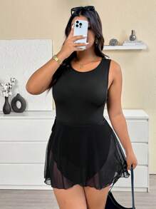 Calvaya 2pcs Plus Size Sports Cami Jumpsuit With Stretch Net Wrapped Mini Skirt Set - Black - View 2