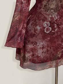 SHEIN ICON 大码女装秋季连衣裙，女士长袖连衣裙，Y2k 复古佩斯利网眼喇叭袖性感节日连衣裙，适合日常穿着 - 彩色 - 查看 7