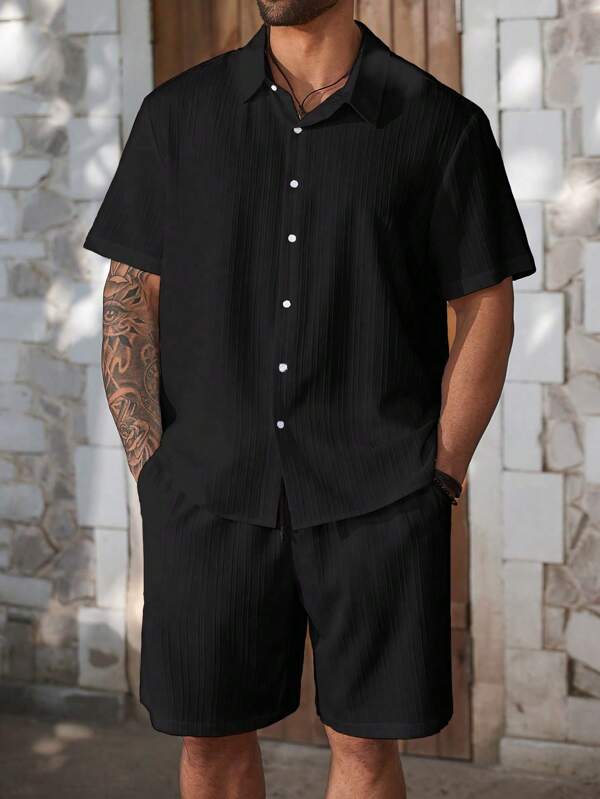 ResortEase Plus Size Men's Solid Color Single-Breasted Short Sleeve Shirt And Shorts Set Men Black Two Piece Set