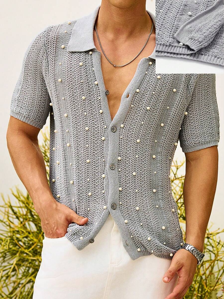 Manfinity RSRT Men's Pearl Beaded Decorated Short Sleeve Knitted Top For Summer, Vacation, Daily Wear, Party, Couple, Men's Gift, Father's Day Gift - Light Grey - View 1