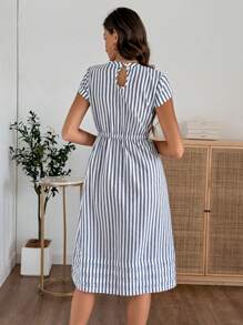 EMERY ROSE 女士休闲条纹印花收腰圆领连衣裙 - 藍白色 - 查看 2