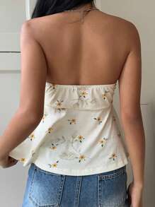 CovetEZ Summer Vacation Sweet Butter Yellow Women's Sleeveless Tube Top With Ditsy Floral, Drawstring Adjustment And Ruffle Details - Apricot - View 3