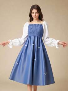 年轻人3D蝴蝶结装饰迷你连衣裙，适合派对和节日，秋季