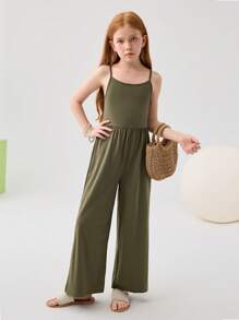 SHEIN Leap Crew Bộ đồ liền thân bó sát màu trơn đơn giản cho bé gái tuổi mới lớn - xanh quân đội - Xem 5