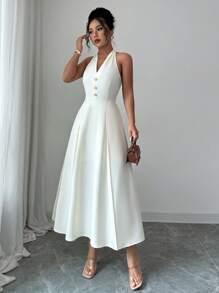 Elenzga Women's Elegant Sleeveless A-Line Dress, Suitable For Dating & Commuting, Simple Solid Color Lapel Maxi Dress, Spring/Summer - Apricot - View 6