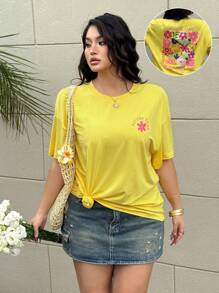 Flirla Plus Size Plain Front & Back Pattern Print Short Sleeve T-Shirt - Yellow - View 1