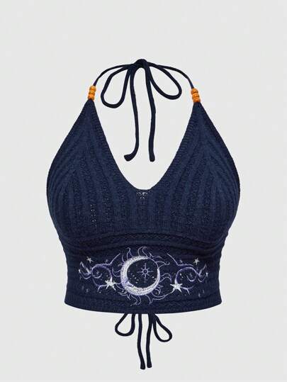 Hippie Boho Style Plus Size Women Summer, Blue-Green Beaded Top With Embroidered Eyes, Moons & Stars Motifs