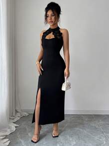 Selianne 优雅迷人的束腰蕾丝镂空提花长款修身连衣裙，夏季女士 - 黑色 - 查看 3