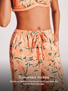 LUVLETTE 丝滑缎面蕾丝边橙色度假花卉图案性感吊带背心文胸上衣和裤子透气家居睡衣套装