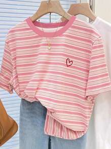 SHEIN Pink Striped + Heart Embroidery Graphic Round Neck Regular T-Shirt