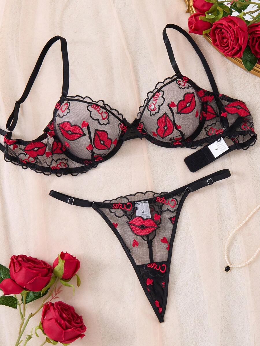 SHEIN 2pcs Women's Sexy Red Lip Embroidered Seductive Lingerie Set - Black - View 1