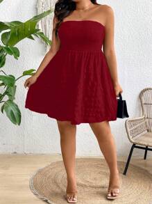 SHEIN Clasi Plus Size Women's Red Textured Strapless Mini A-Line Beach Dress, Summer Holiday Outfit - Burgundy - View 6